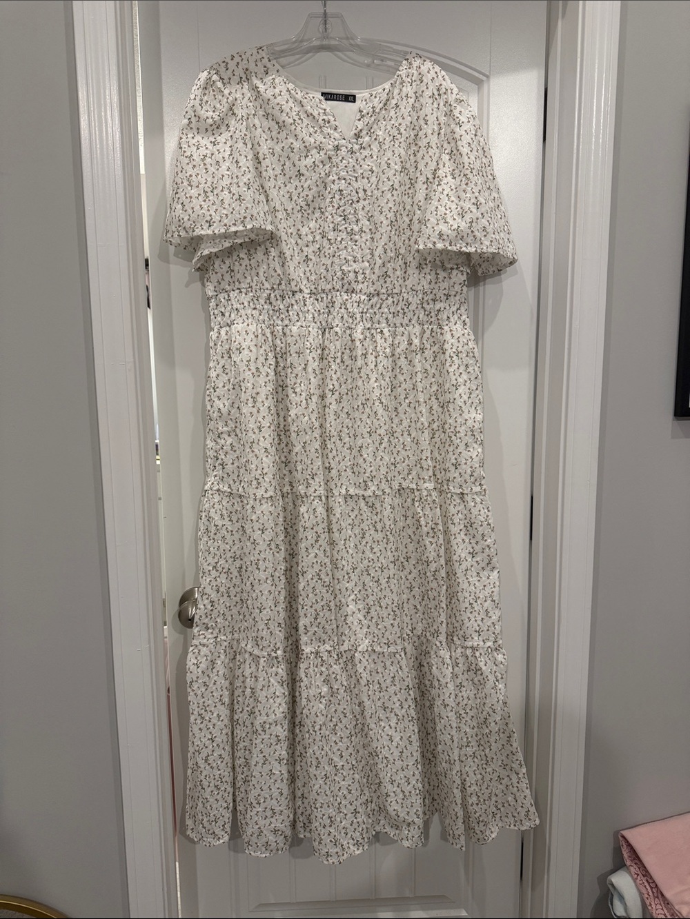 Mikarose Cream Floral Tiered Maxi Dress with Puff Sleeves